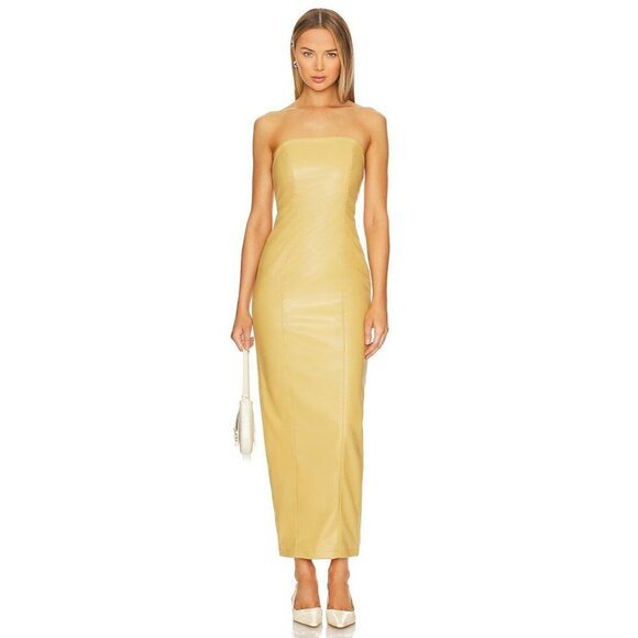 Camila Coelho Bruna Faux Leather Maxi Dress in Citrine XSmall New Womens Vegan